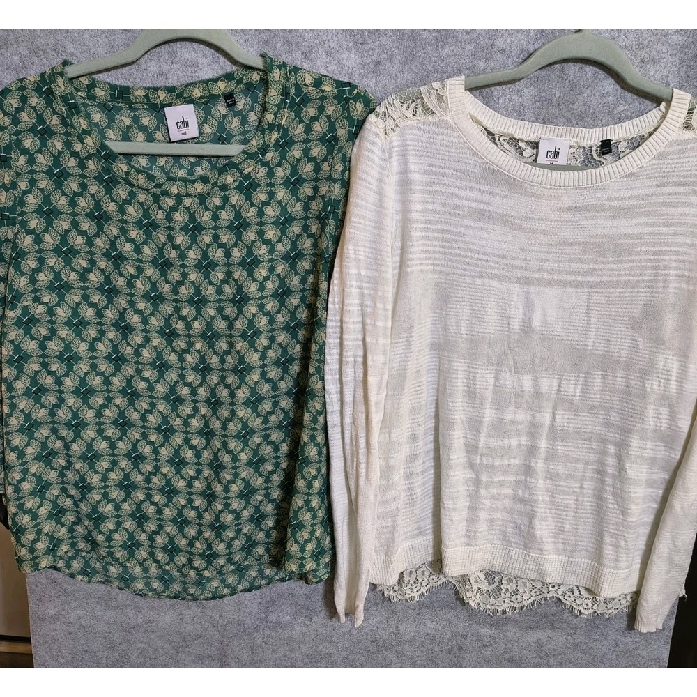 Lot Of 2 Cabi Women's Size Medium Tops  Green Print White Sweater Lace Back EUC